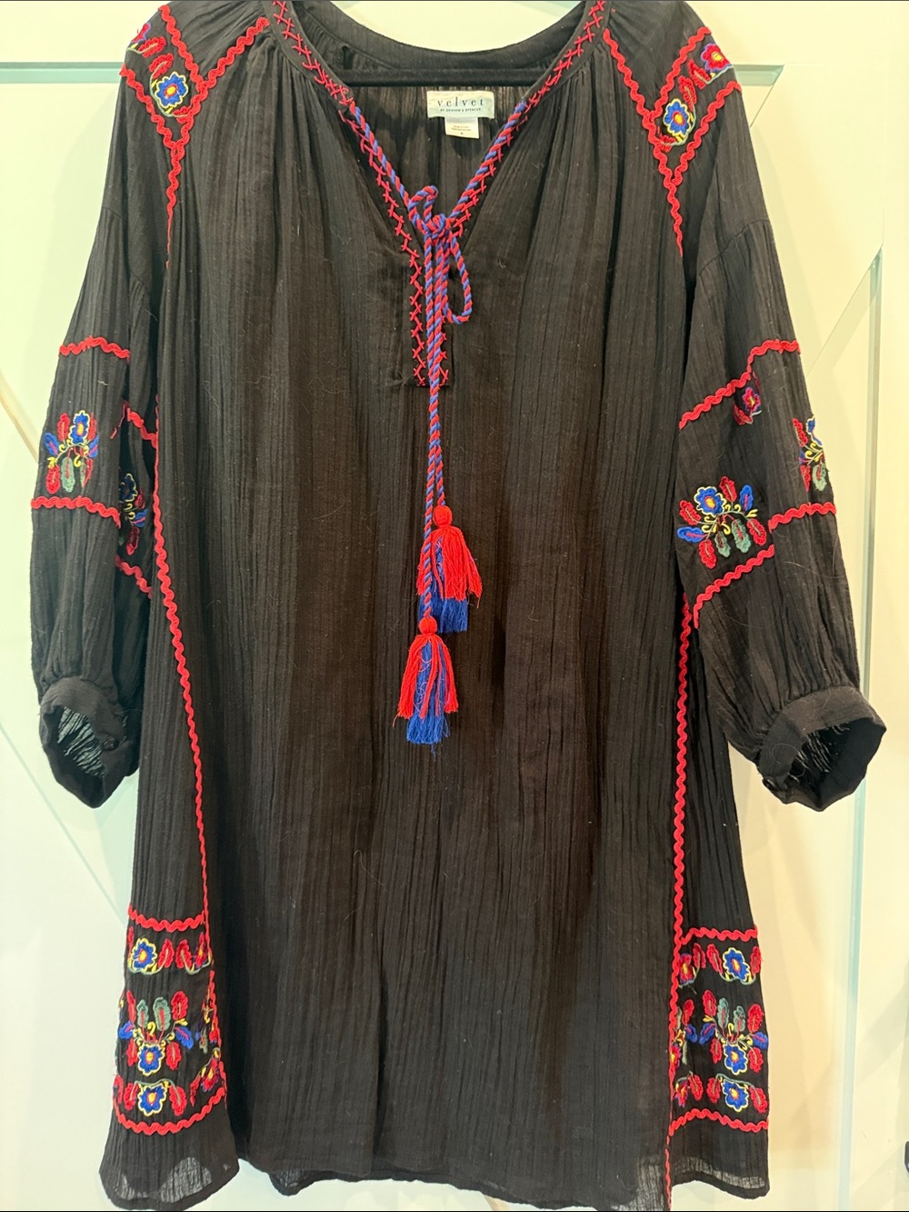 Velvet by Graham & Spencer Black Embroidered Tassel Peasant Tunic